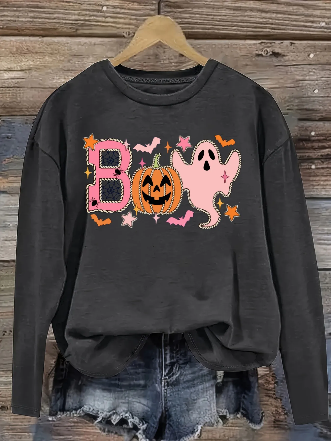 Women's Casual Long Sleeve Crew Neck T-Shirt Boo Ghost Pumpkin Halloween Print Design, Round Neck Women's Clothing, Machine Washable, Slightly Elastic, Loose Fit, Spring Autumn Winter Women's T-Shirt, Halloween Costume Outfit