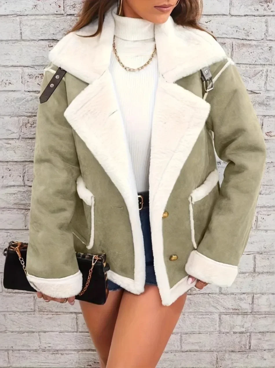 Women's Elegant Winter Fur Coat with Fluff Lapel Thick Korean Fashion Casual Loose Artificial Fleece Warm Jacket