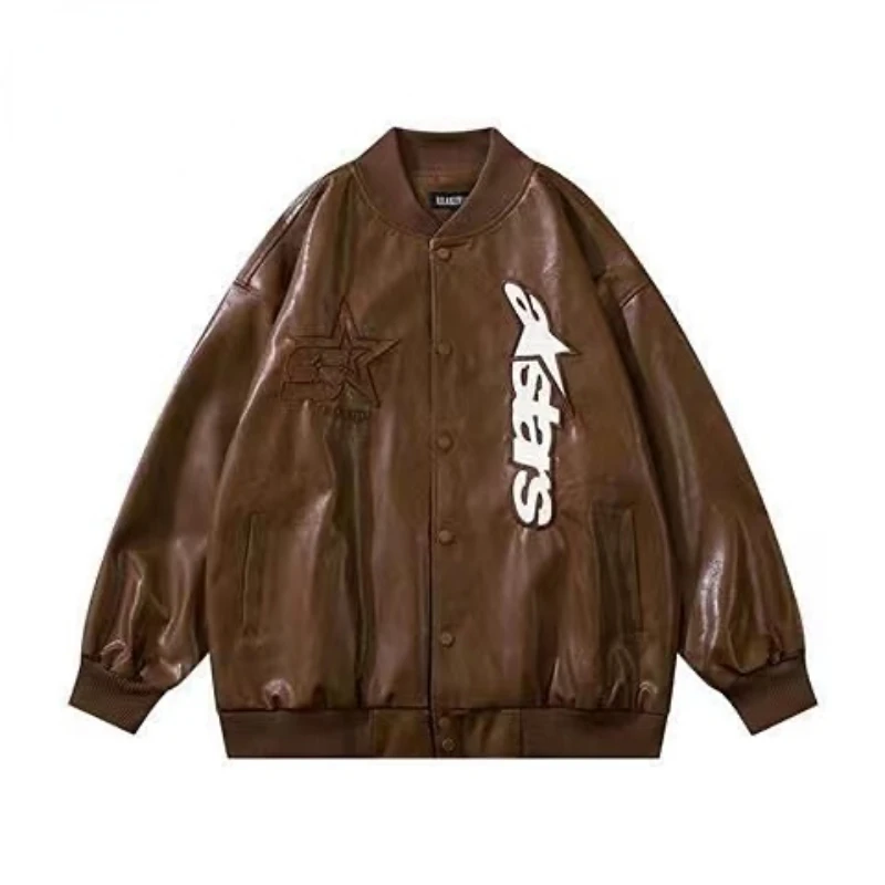 autumn and winter new American retro street leather jacket female Y2K couple hip-hop loose casual wild baseball uniform jacket