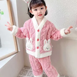 Girls Pajamas Suit Autumn and Winter Flannel Baby Girl Cardigan Padded Thickened Warm Coral Velvethomewear Cute Rabbit Long-Slee