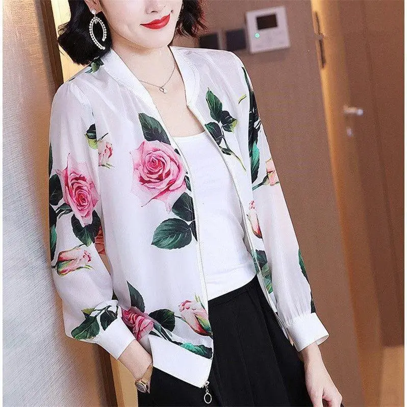 Lightweight Printed Baseball Jacket Women's Chiffon Sunscreen Coat Summer New Style Age-Defying Short Outerwear Large Size