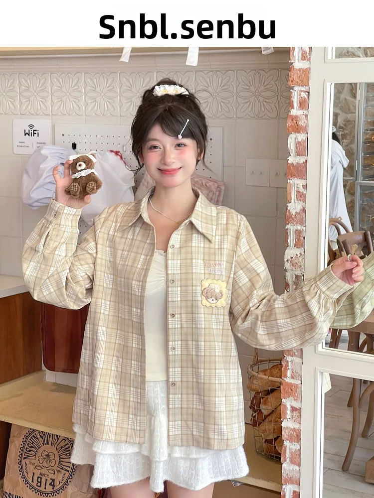 

Женский клетчатый топ с вышивкой Sweet Sle Bear, свободный крой, универсальный утягивающий топ для осеннего сезона, повседневная одежда, полиэфирная ткань