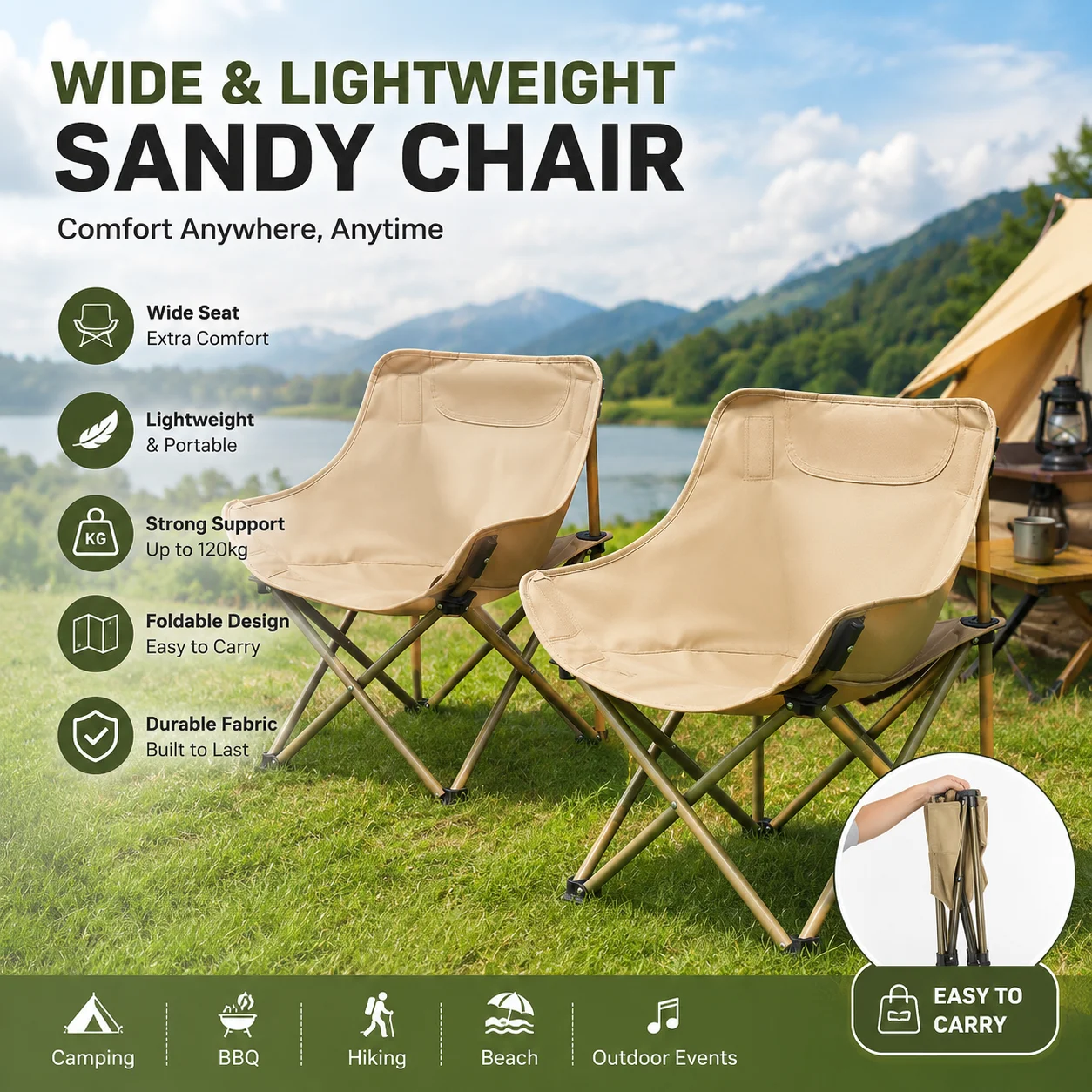 Outdoor folding chair, portable office camping equipment, folding chair for lunch break, moon chair, lounge chair, beach chair