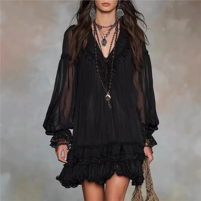Bohemia Mini Dress V Neck Mesh Sheer Long Puff Sleeve Ruffle Hem Stringy Selvedge Ruffled Loose Flowy Summer Casual Vacation