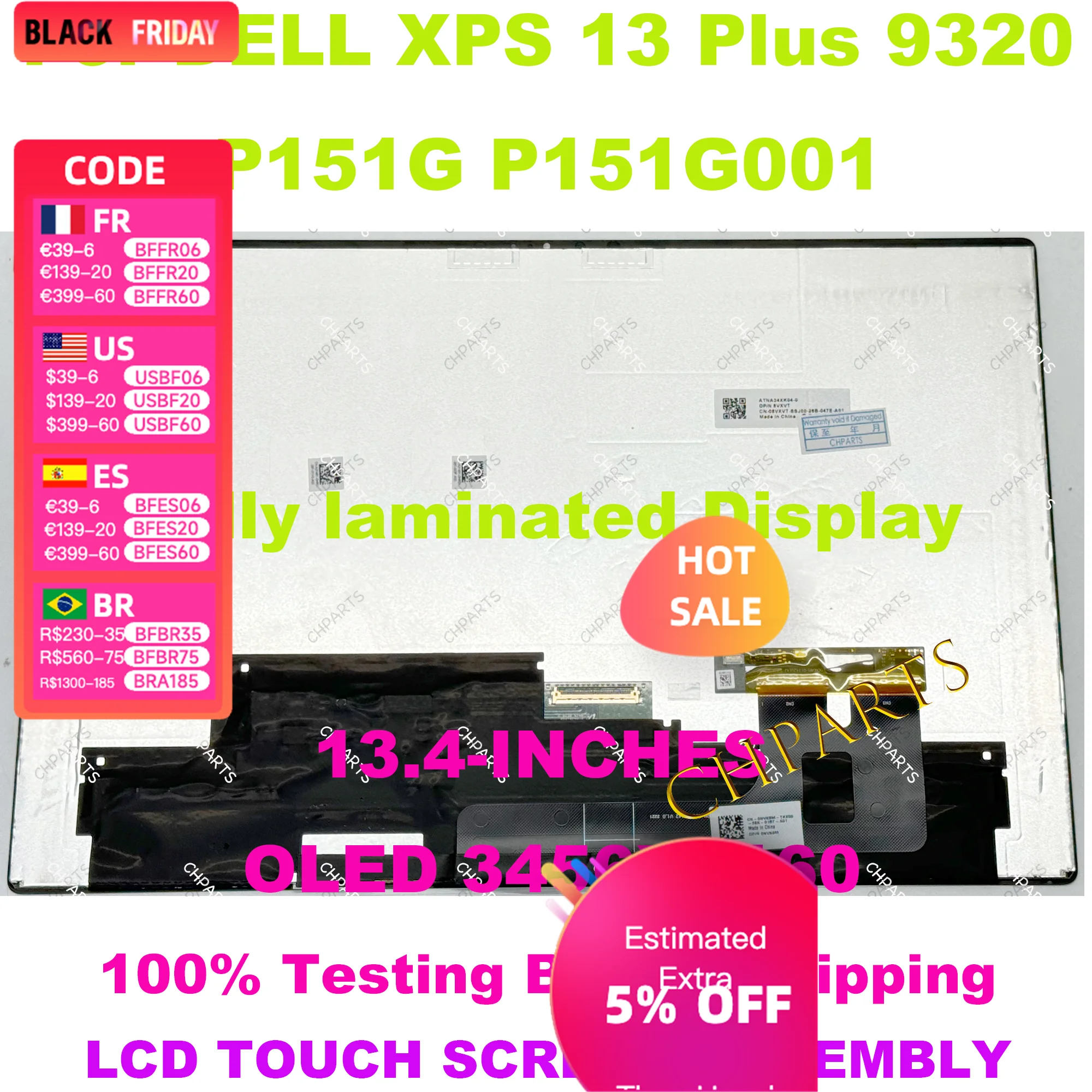 13.4-inches 3456*2160 OLED For Dell XPS 13 Plus 9320 P151 P151G001 OLED LAPTOP Panel Touch Screen Replacement Assembly LCD