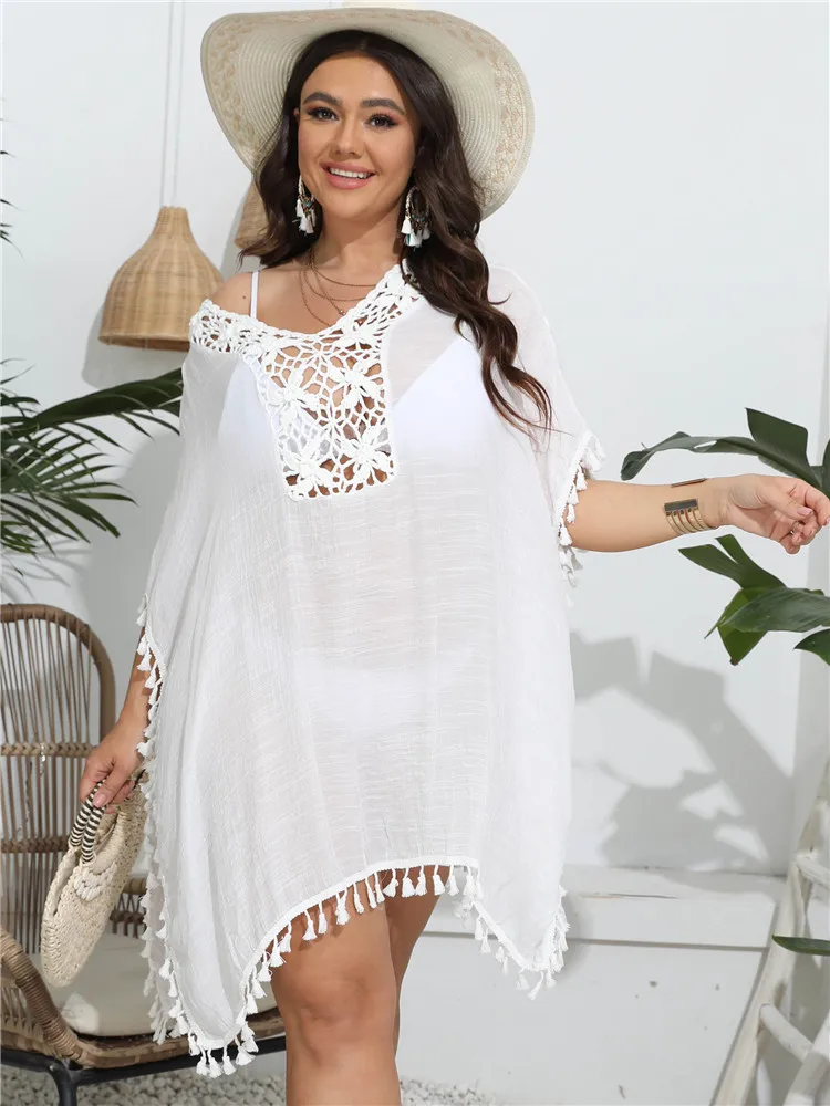 2023 New Crochet V-nech Swim Cover Up Womens Summer Beach Dress Tassel Sundress Pareo Tunics White Large Beach Wear Coverup