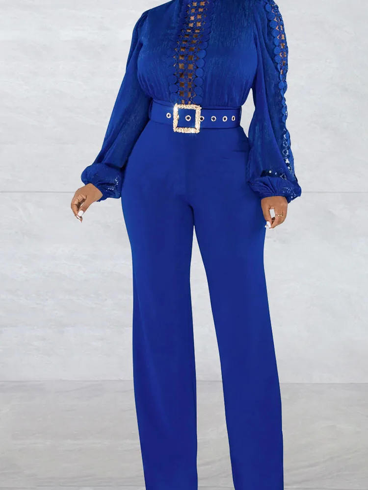 

2025 Causal Long Sleeve Slim Fit Party Romper Women Sexy Patchwork Hollow Playsuit Elegant O-neck with Belt Solid Long Jumpsuit
