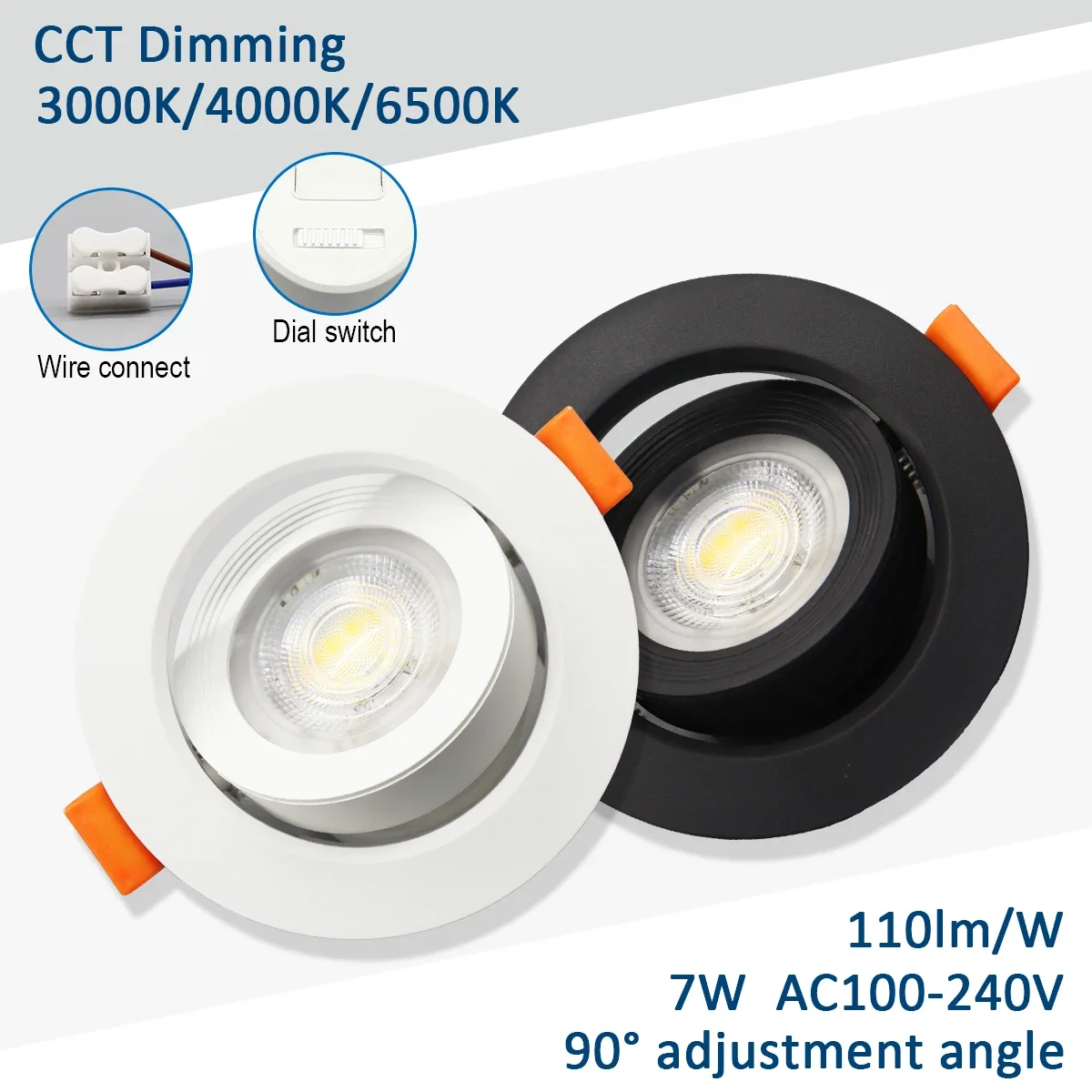 

5pcs Tricolor dimming embedded LED ceiling spotlights AC 220V 110V Adjustable angle Downlight 7W 770lm for home decoration