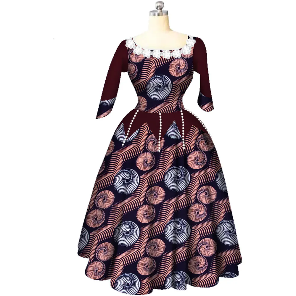 BintaRealWax sukienki afrykańskie dla kobiet Bazin Riche makrama kołnierz długie sukienki pół rękawa rękaw odzież afrykańska WY3707