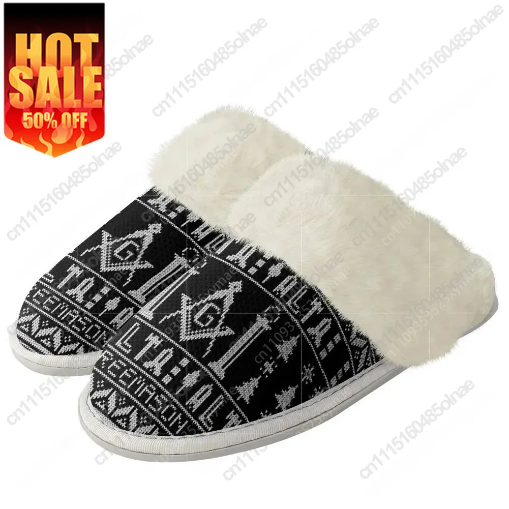 Masonic Mason Freemason Pattern Plush Slippers Keep Warm Shoes Mens Womens Home Cotton Bedroom Custom Thermal Light Slipper
