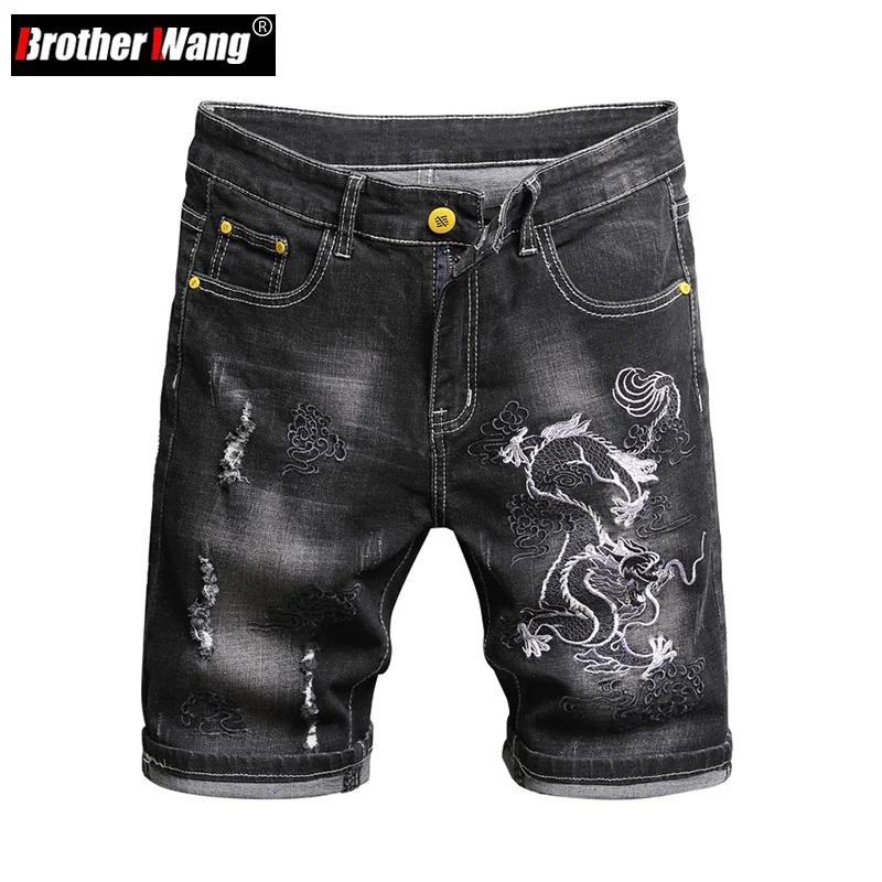 

Summer Men's Slim Stretch Short Jeans Chinese Dragon Embroidery Pattern Denim Shorts Black Grey Ripped Fashion Shorts Male