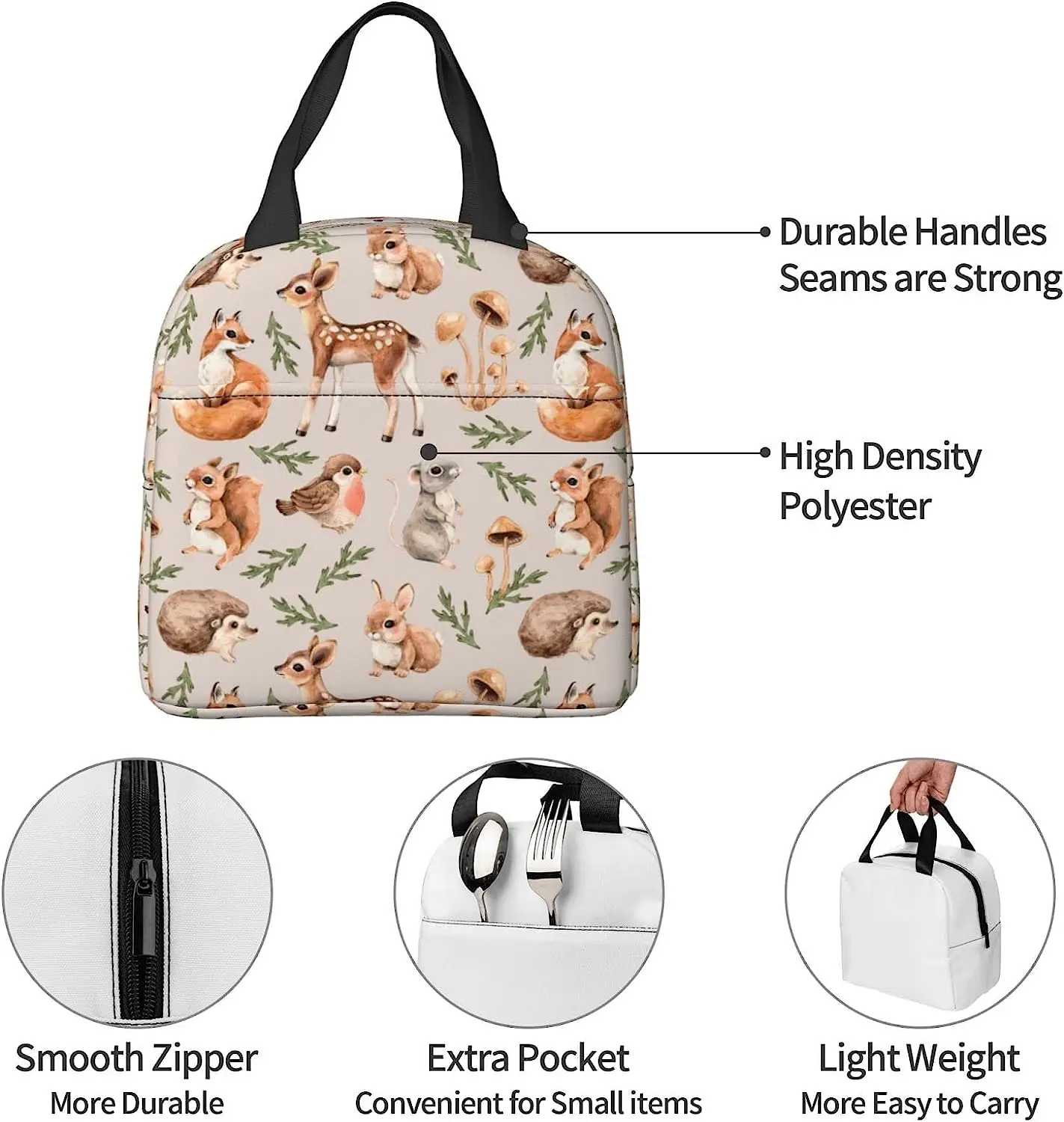 Cute Forest Animals Lunch Bag Compact Tote Bag Squirrel Deer Fox Hare and Hedgehog Reusable Lunch Box Container for School Work