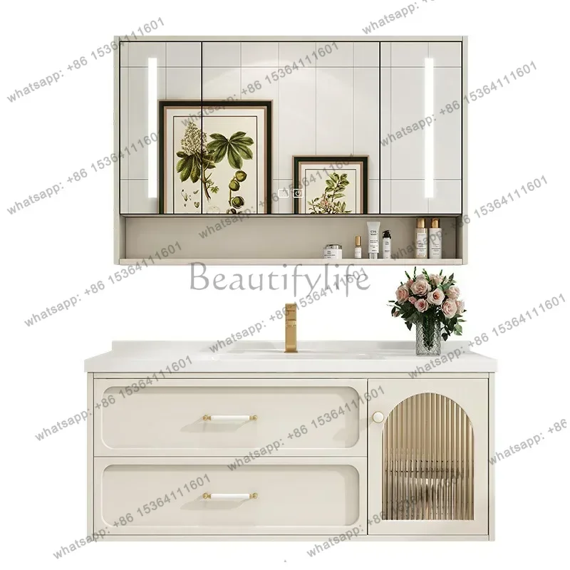 LDBathroom Cabinet Ceramic Integrated Basin Solid Wood Oak Washbasin Combination Simple Intelligent Mobile Bagno Furniture