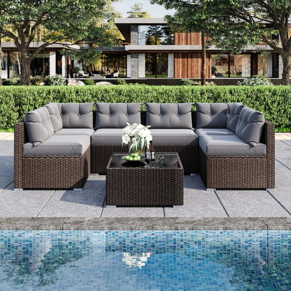 

7 Pieces Patio Sofa Set Outdoor Furniture Sectional All-Weather Wicker Rattan Sofa with Back Cushions, Backyard Outdoor Sofa