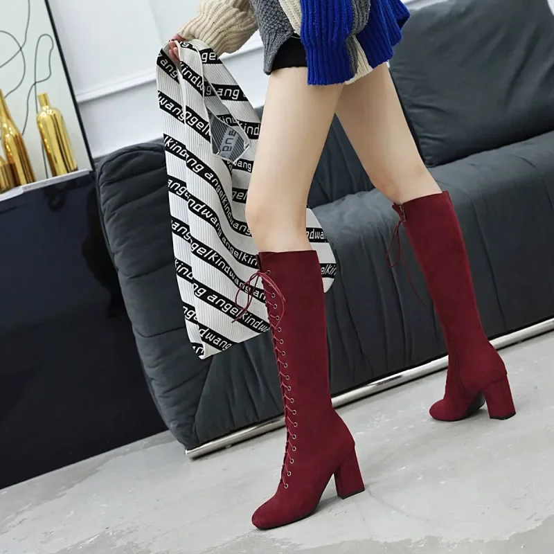 Oversize Large size Big size High quality autumn and winter women\'s shoes Square toes Thick Heel Lace-up cowboy boots