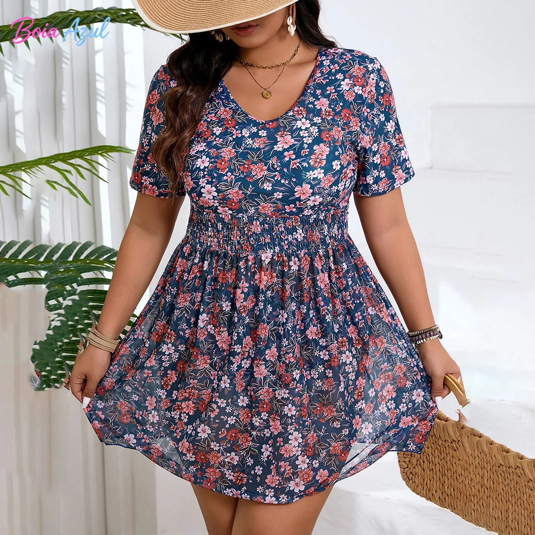 Plus-size women's printed V-neck swimsuit, short-sleeved fitted halter-neck chiffon swimwear separate beach cover-up swimsuit view 6