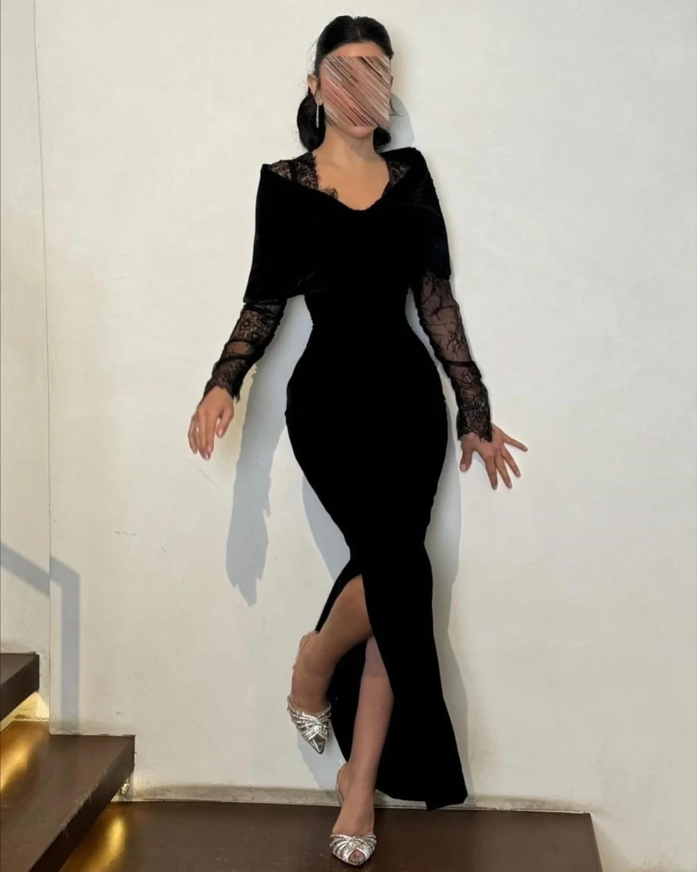 

Customized Matching High Quality Jersey Pleat Lace Mermaid V-neck Midi Dresses Evening Dresses Sizes Available Chinese Style