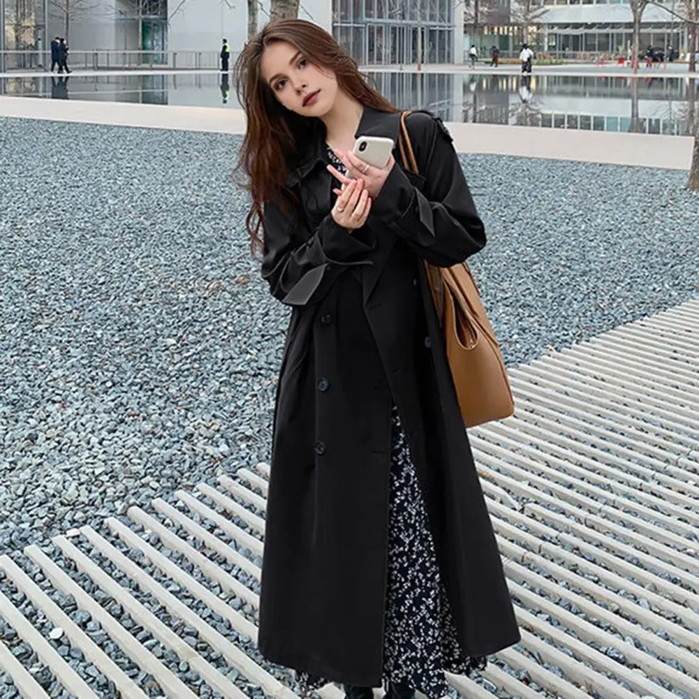 Fall Spring Women Jacket Turn-down Collar Double-breasted Overcoat With Belt Mid-calf Length Solid Color OL Commuting Coat