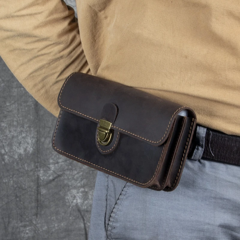Metal Lock Clasp Genuine Leather Belt Waist Pack for Men Cowhide Flap‑Over Design Outdoor Waist Pouch Large Capacity Storage Bag
