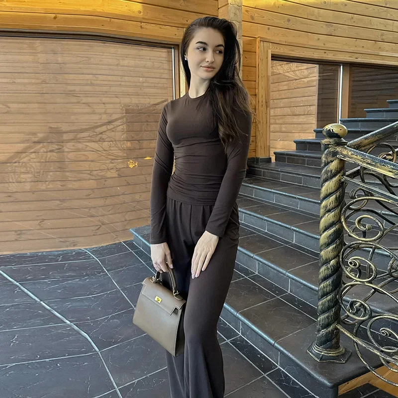 

Solid Pleated Casual Basic Trousers Two Piece Set Round Neck Long Sleeve Top Fashion Sports Style High Waist Wide Leg Pants Suit