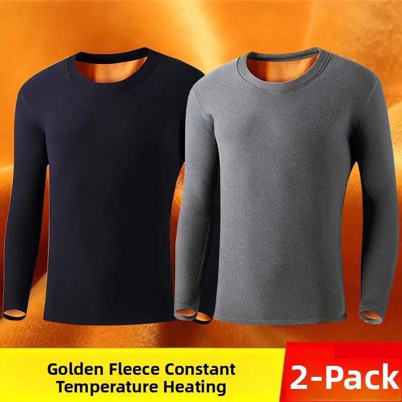 Men's Winter Thickened Fleece Long Sleeve T-Shirt Warmth Underwear Set Slim Fit Thermal Top Youth Pure Color round Neck Tee