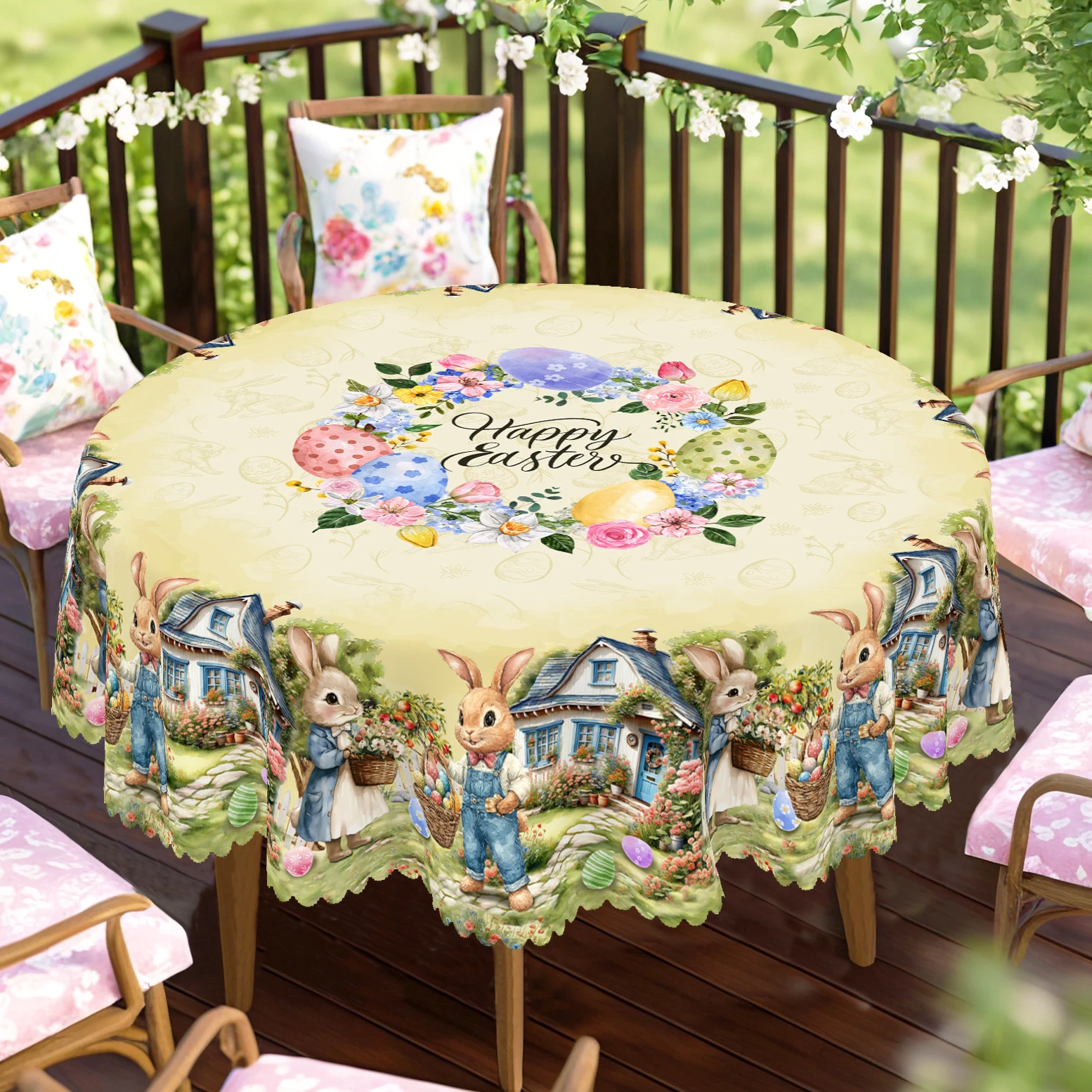 1 Easter Round Tablecloth, Available in 5 Sizes, Cute Wreath Wrapped Around Painted Eggs, Soft and Adorable Bunny Carrying a Basket, Decorative Round Tablecloth for a Cozy Home, Embossed Edge Craftsmanship, Spring Garden Tablecloth Decoration, Suitable for Everyday Home Kitchen and Patio Use, Easter Decoration