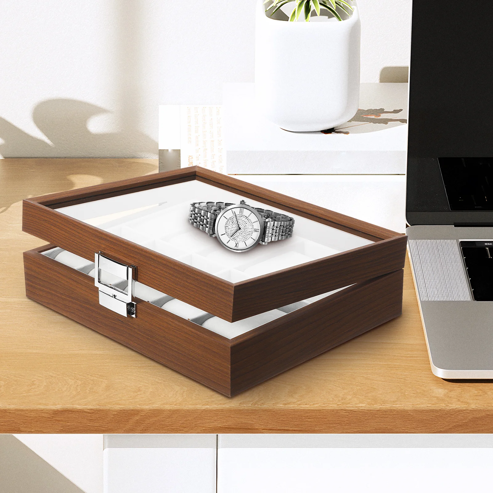 صندوق تخزين من خشب الجوز مع غطاء شفاف مبطن حامل مُنظِم للساعة للرجال صندوق عرض مجوهرات ديكور #4