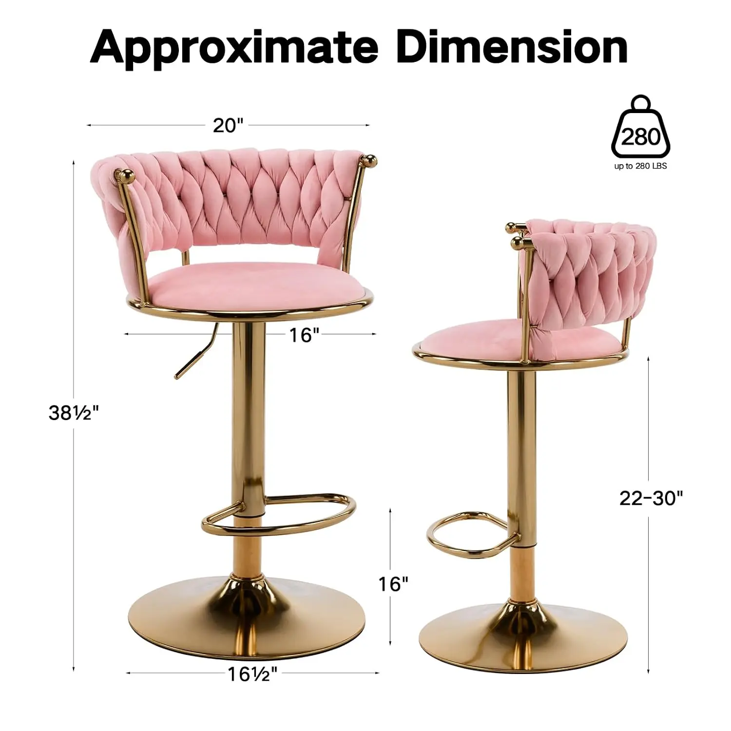 Pink Velvet Swivel Bar Stools Set of 2, Adjustable Counter Height, Customized