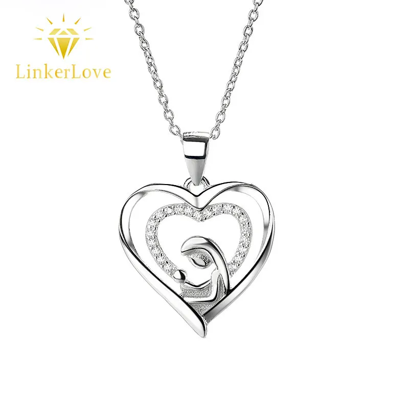 

LinkerLove S925 Silver Double Heart Mother and Baby Pendant Necklace for Mothers Day Dainty Clavicle Chain Jewelry Gift for Mom