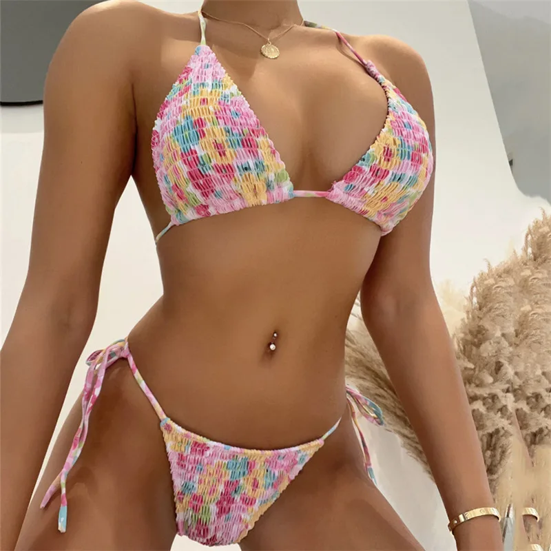 Bikini Set Sexy String Halter Micro Mini Thong Swimsuit Floral Print Swimwear Women Ruched Bathing Suit Triangle Bikini Biquini