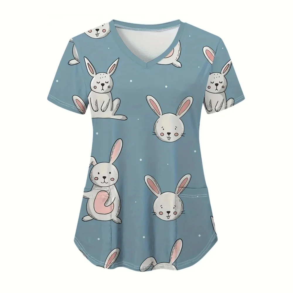 Uniformes médicos para mujer, uniforme clínico de manga corta con cuello en V microelástico con estampado de conejito de Pascua, moda para enfermera Dental