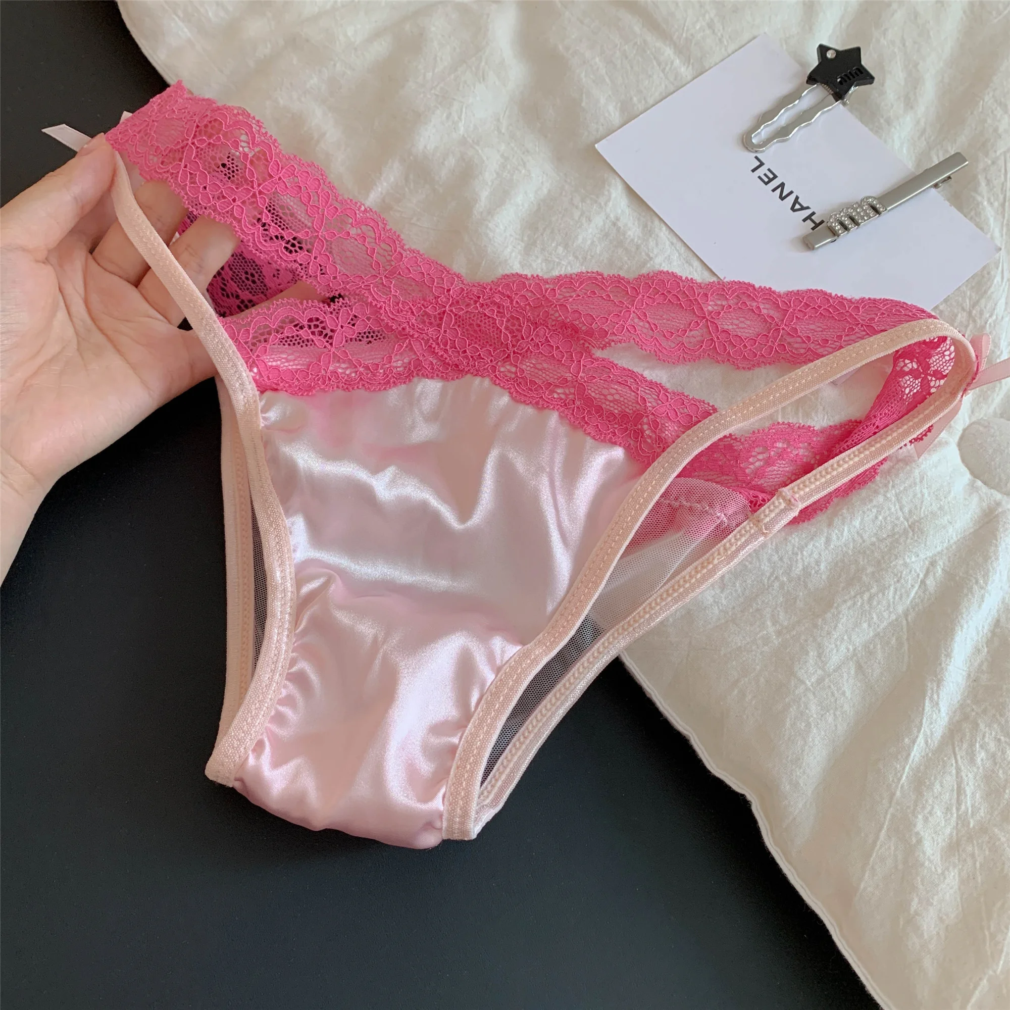 Women's French Satin Pure Desire Style Women's High Slit Hollow Sexy Underwear 2024 New Lolita Girl Briefs