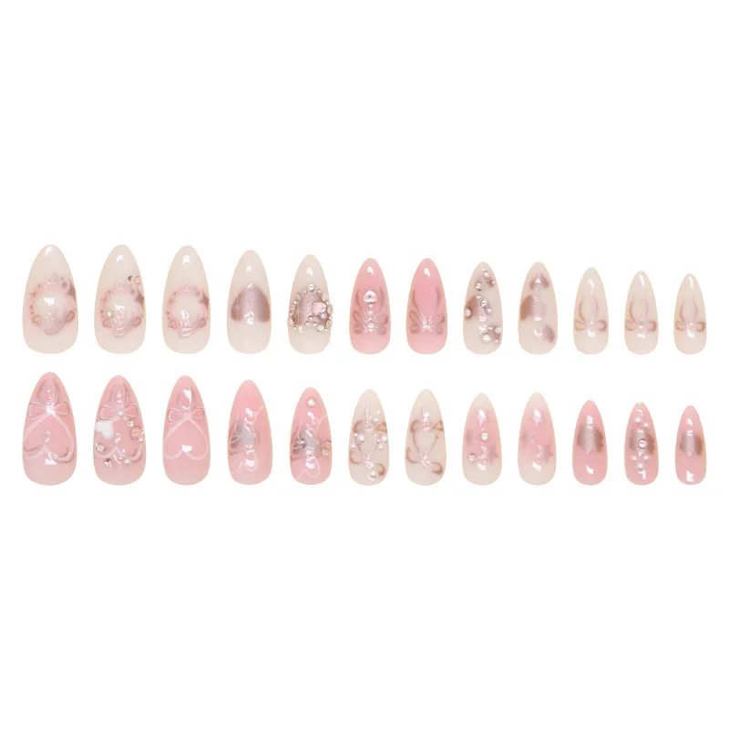 24pcs Spice Girls Pink Press on Nails 3D Bowknot Sweet Love False Nails Patch Full Cover Wearable Ins Almond Fake Nails Tips