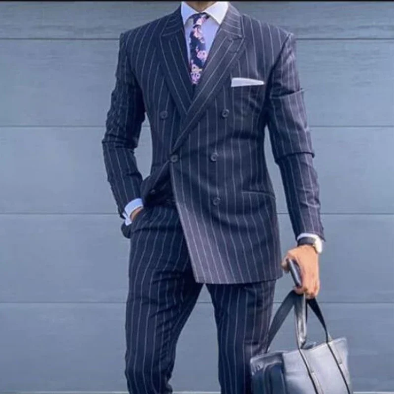 

Pinstripe Men Suits Slim Fit For Business Prom With Double Breasted Wedding Groom Tuxedo 2 Piece Male Fashion Jacket Pants 2024