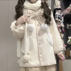 MAGOGO Spring Autumn Japanese Harajuku Lolita Cute Age-reducing Navy Collar Woolen Coat Women Kawaii Bow A-Line Loose Jackets