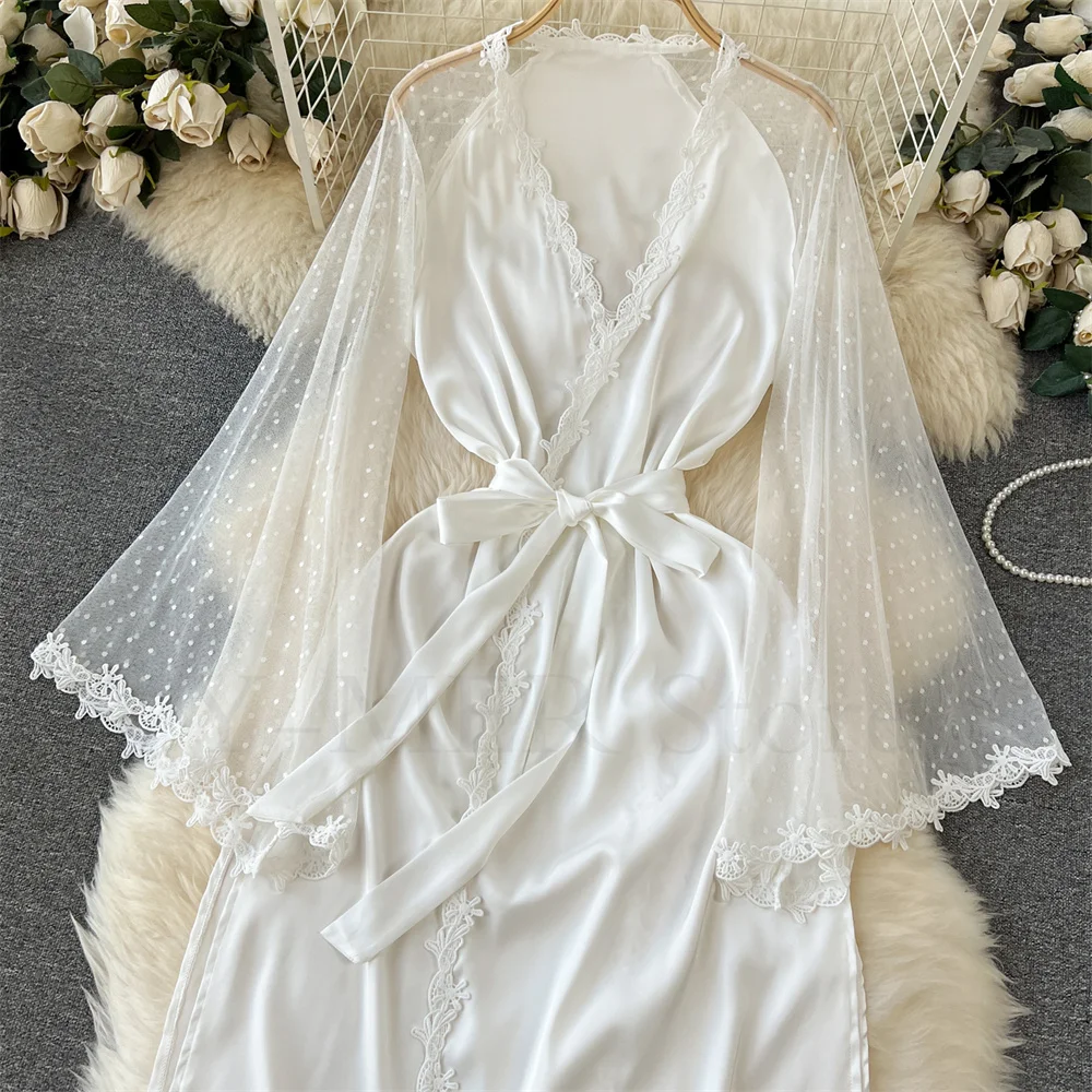 Mesh Sleeve Robe Long Sleepwear Lady Satin Kimono Bathrobe Sexy Embroider Edge Dress Gown Loose Nightwear Intimate Lingerie