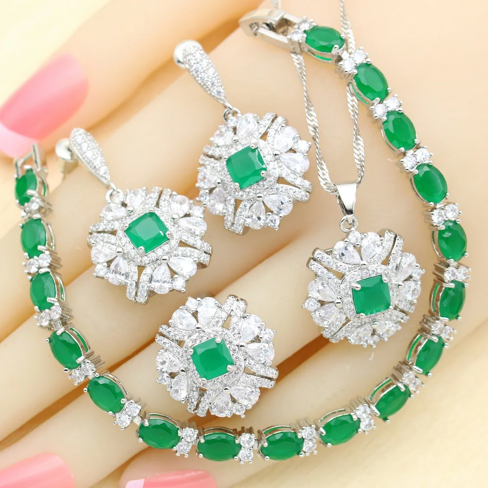 925 Silver Bridal Jewelry Sets For Women Green Stones Earrings Necklace Pendant Bracelet Open Ring Christmas Gift 4PCS