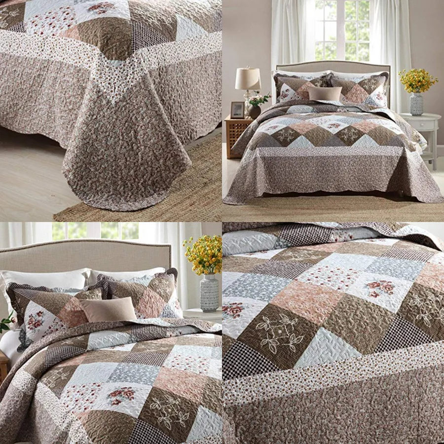 

Quilt Set - 3 Piece Microfiber Reversible Bedspreads Patchwork Coverlets Floral Bedding Set All Season- Splicing Mocha Rose,Queen/Full Size