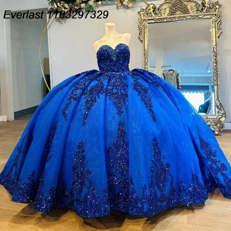 

EVLAST Customized Royal Blue Quinceanera Dress Ball Gown Lace Applique Beading Corset Tiered Sweet 15 Vestido De 15 Anos TQD585