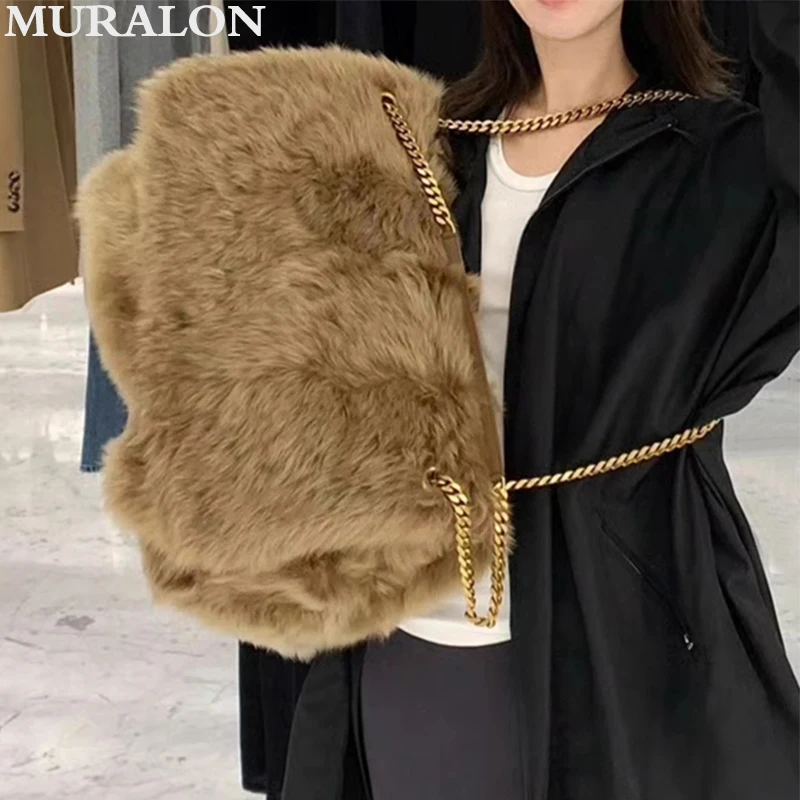 All-match Fashion Fur Chain Large Bag Tote Bag Fall Winter New Plush Bag Women Street Style Sexy Designer Luxury Underarm Bag