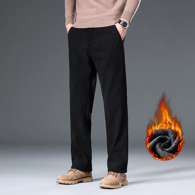 

Winter Men's Fleece Corduroy Pants Fashion Business Classic Thick Warm Straight-Legged Casual Pants Black Gray Brand Men's Pants