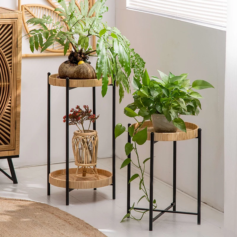 

Double Layer Artistic Metal Rattan Flower Stand Iron Craft Plant Shelf Indoor Greenery Decor Creative Plant Stand Shelf