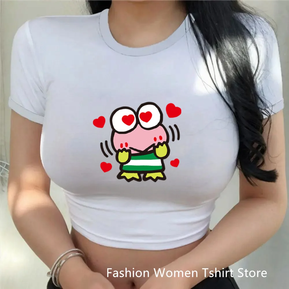 Kawaii Print Female Clothing Cartoon Y2k Party Kero Kero Keroppi Summer Crop Tops  Fashion Sexy Slim Fit Women's T-shirt