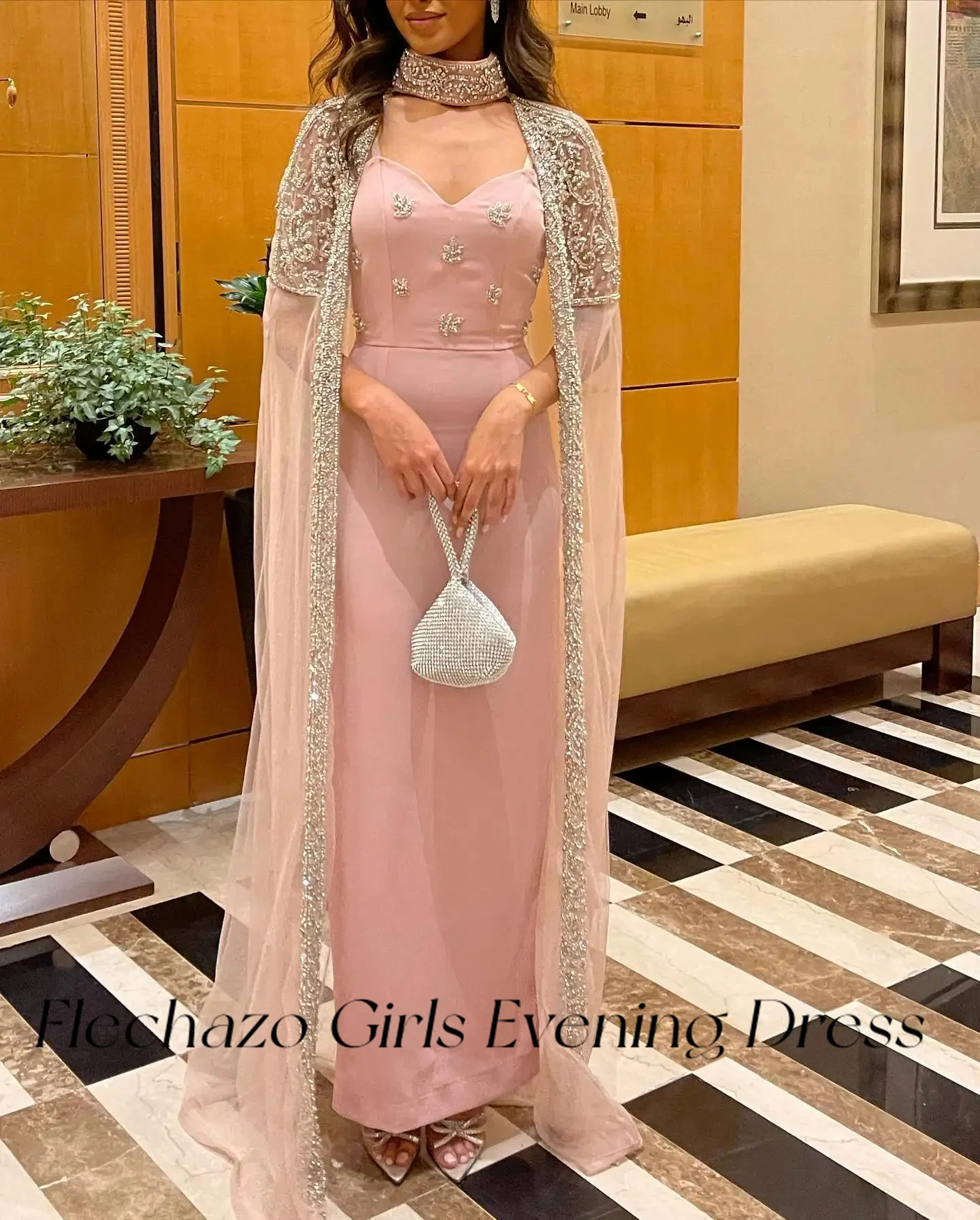 Flechazo Pink Luxury Prom Dresses Sweetheart Handmade Beads Cape Formal Party Elegant Dress For Women 2024 vestidos de noche