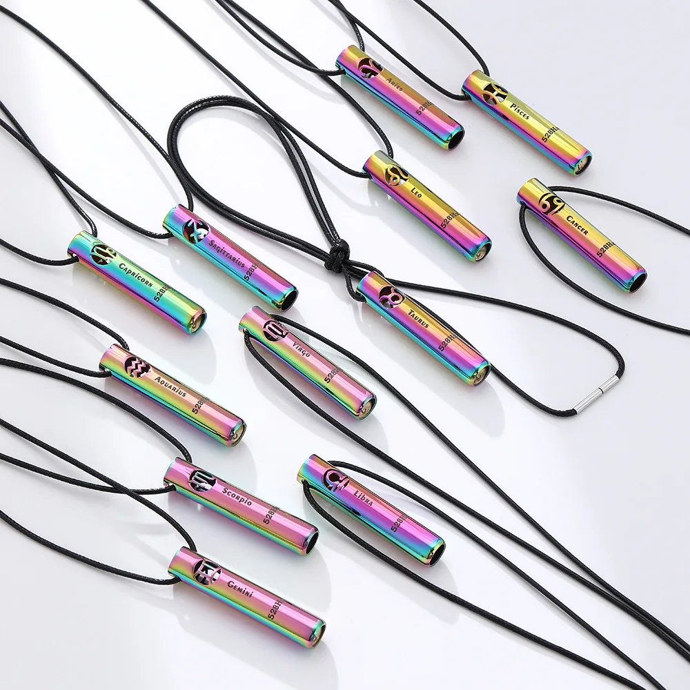 Stainless Steel Meditation Mindfulness Breathing Pendants 12 Zodiac Signs Stress Relieving Anxiety Whistle Sports Necklace