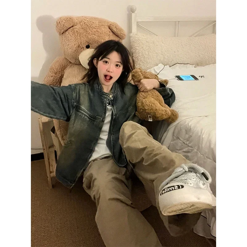 سترة نسائية كلاسيكية من قماش الدنيم Y2K ملابس خروج كبيرة الحجم معطف جينز Bf Harajuku ملابس خارجية فضفاضة غير رسمية لربيع الخريف