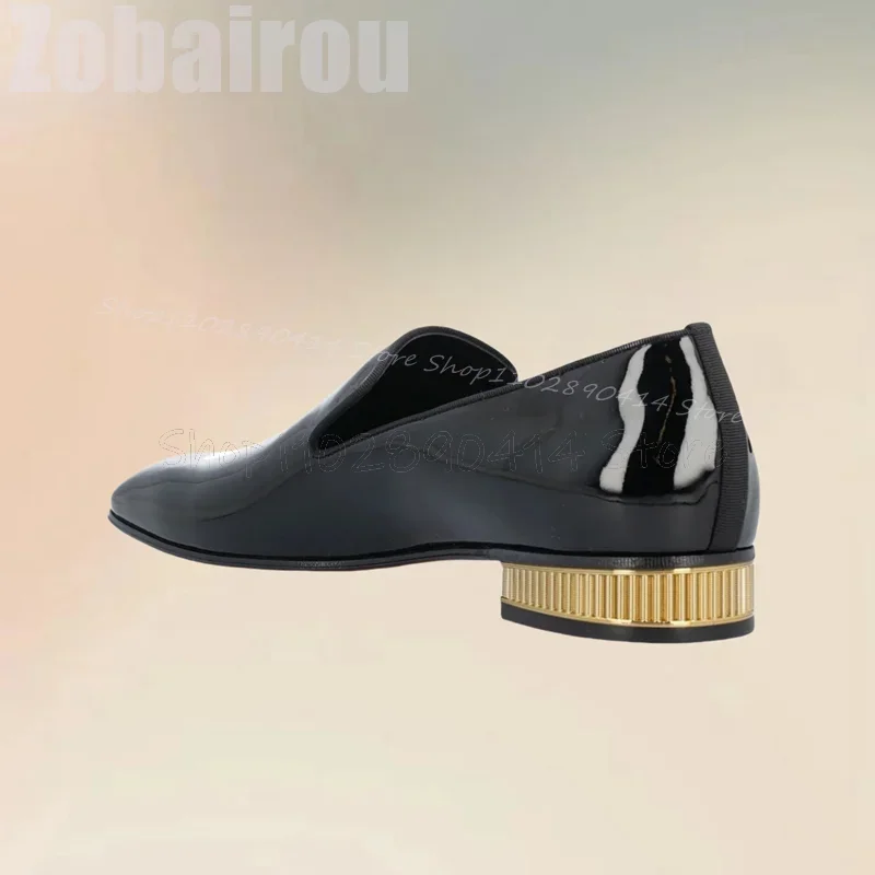 

Metal Heel Black Patent Leather Square Toe Loafers Fashion Slip On Men Shoes Luxury Handmade Party Feast Wedding Men Dress Shoes