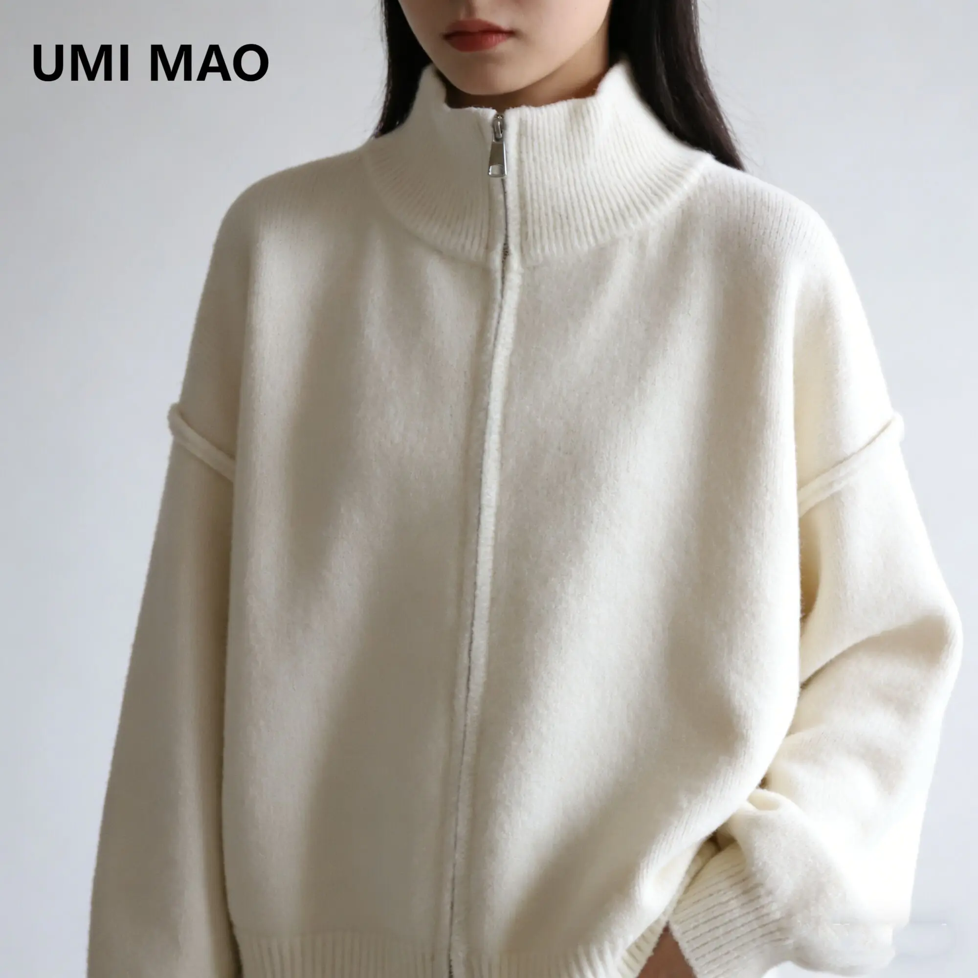 

UMI MAO Top Femme Autumn New Korean Style Stand Collar Double Zipper Knitted Cardigan Women Loose Versatile Sweater Jacket