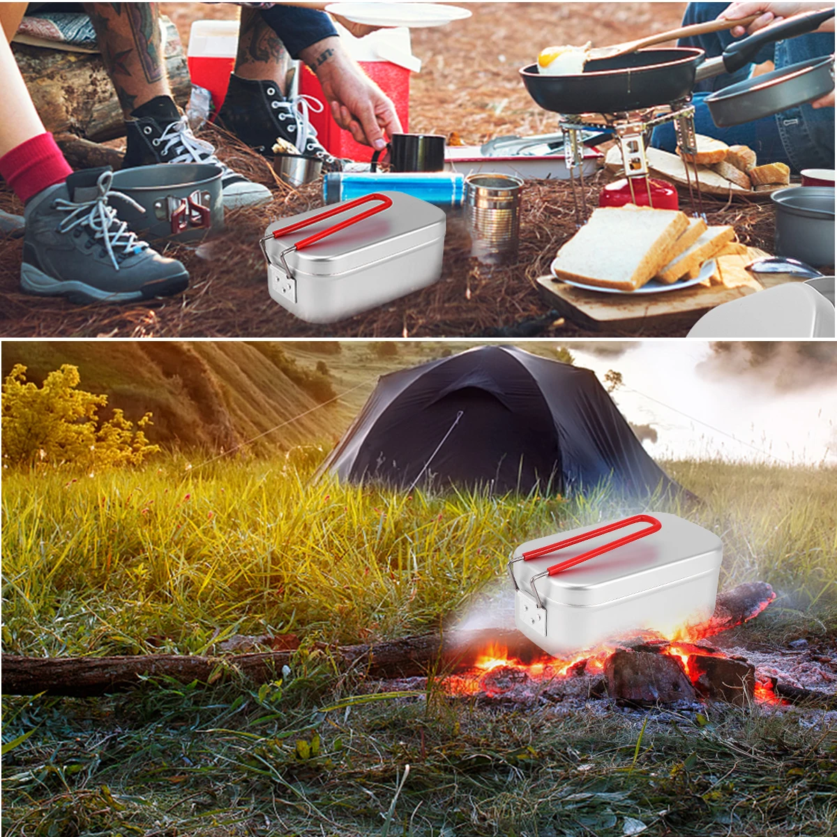 

Aluminum Lunch Box Food Container Camping Meal Prep Folding Handle Lightweight Safe Reusable Kids Adults Backpacks