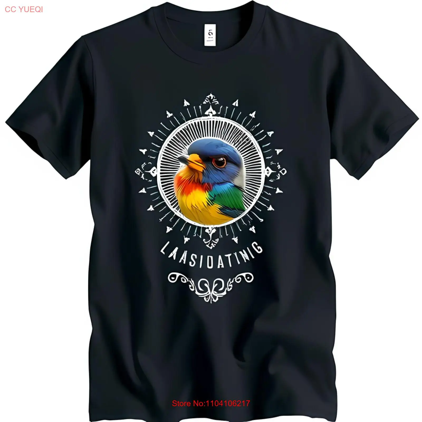 

Stylish Black T-Shirt with Colorful Bird Graphic & Unique Circular Design